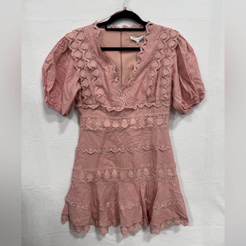 Endless Rose Anthropologie NWT Plunging Lace Trim Dress with Puff Sleeve Medium